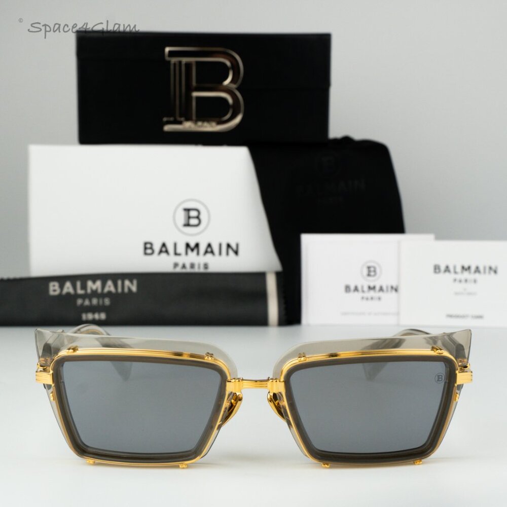 Balmain Men Sunglasses ADMIRABLE BPS-130B-52 Grey Crystal Gold Rectangle NEW